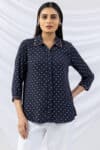 embroidered shirt ladies navy collared regular fit shirt with 3/4 sleeves