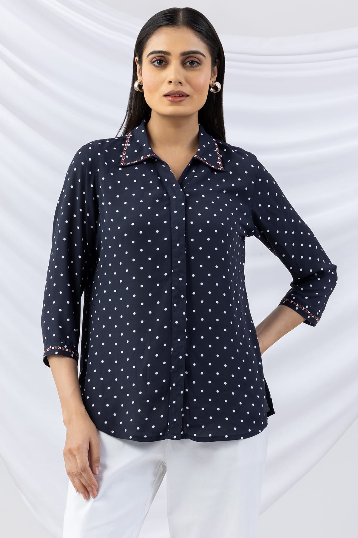 embroidered shirt ladies navy collared regular fit shirt with 3/4 sleeves