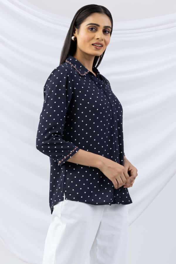 embroidered shirt ladies navy collared regular fit shirt with 3/4 sleeves