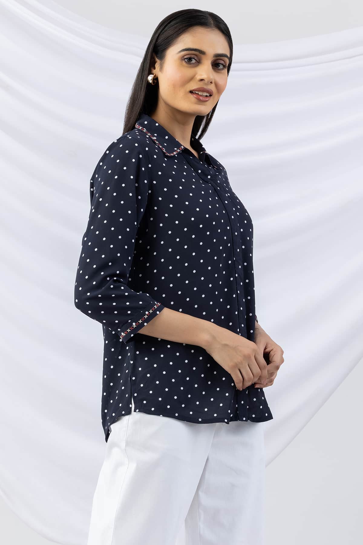 embroidered shirt ladies navy collared regular fit shirt with 3/4 sleeves