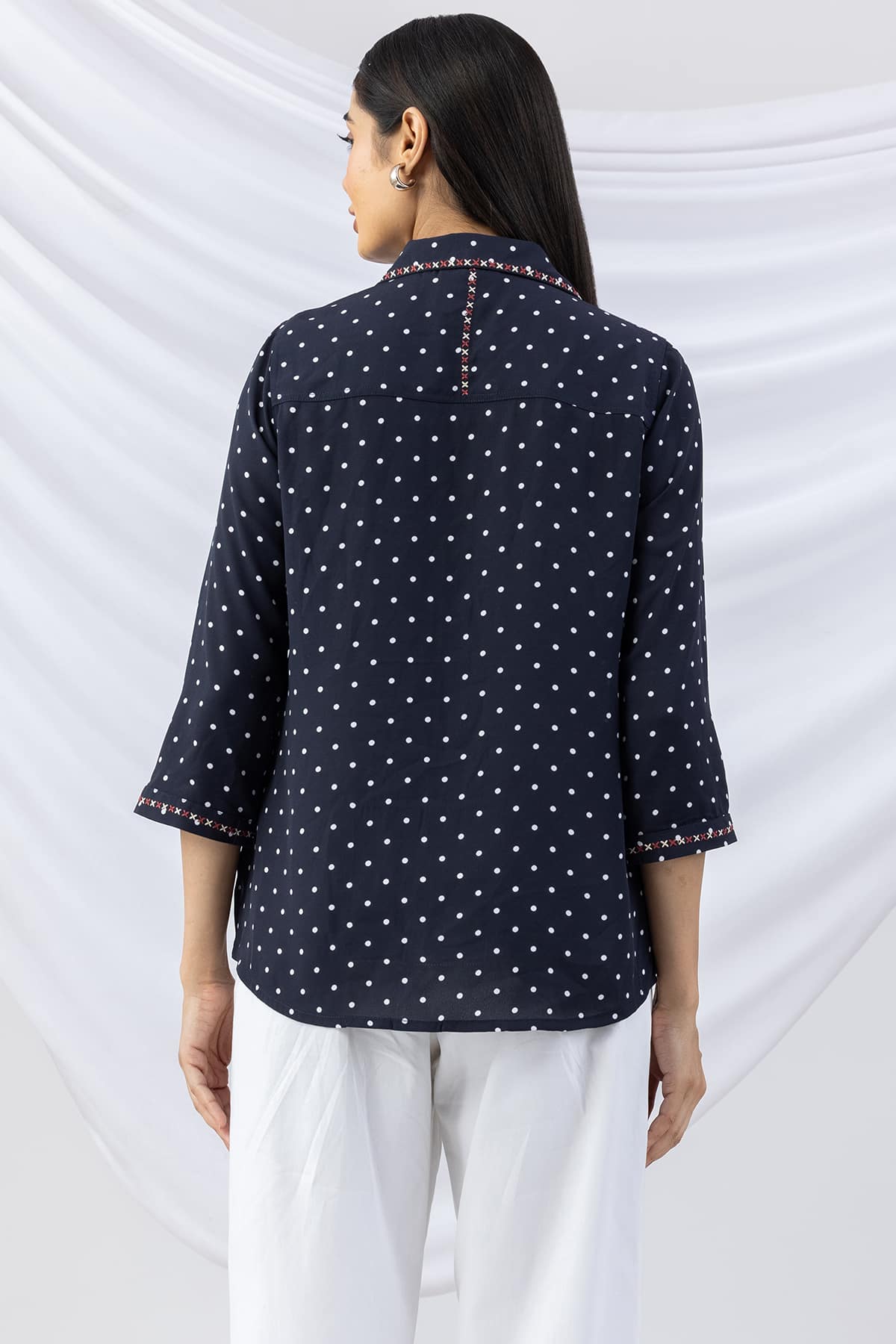 embroidered shirt ladies navy collared regular fit shirt with 3/4 sleeves