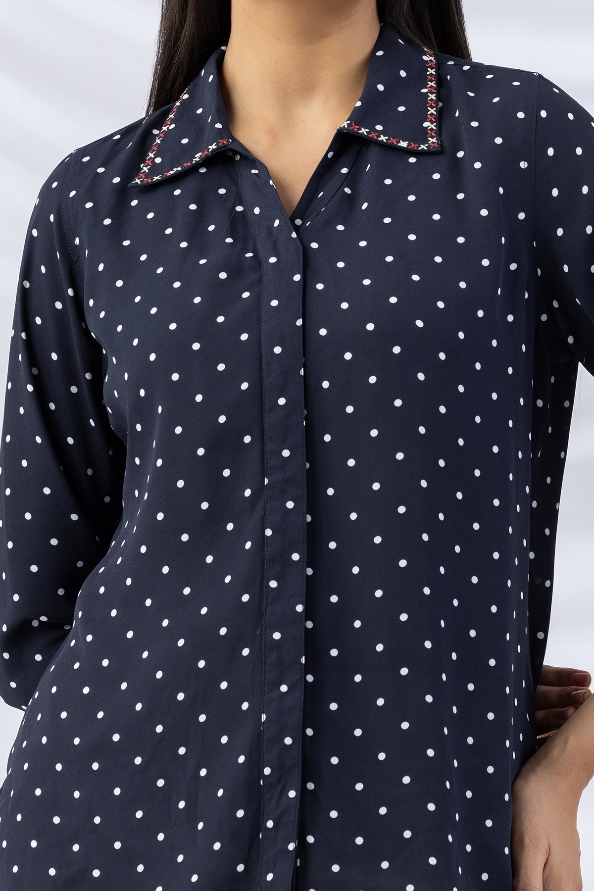 embroidered shirt ladies navy collared regular fit shirt with 3/4 sleeves