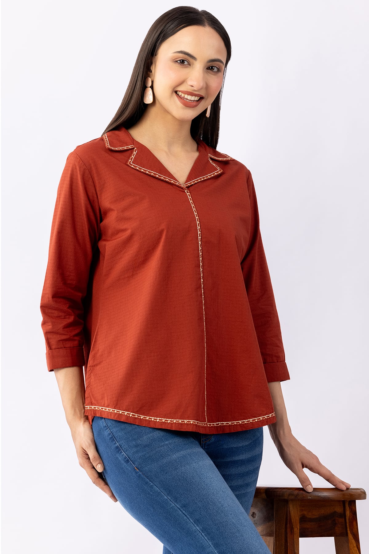 winter shirts for women rust cotton dobby lapel collar regular fit
