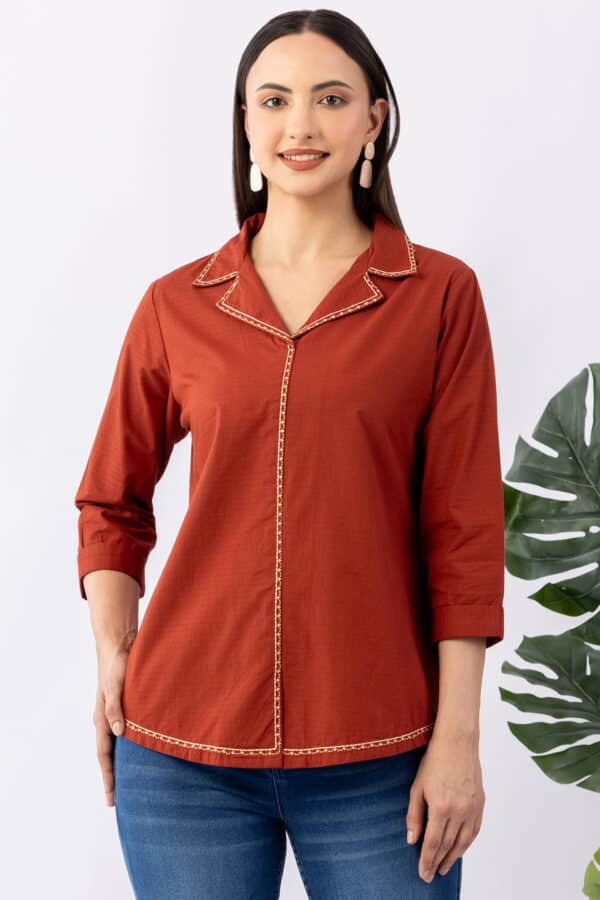 winter shirts for women rust cotton dobby lapel collar regular fit