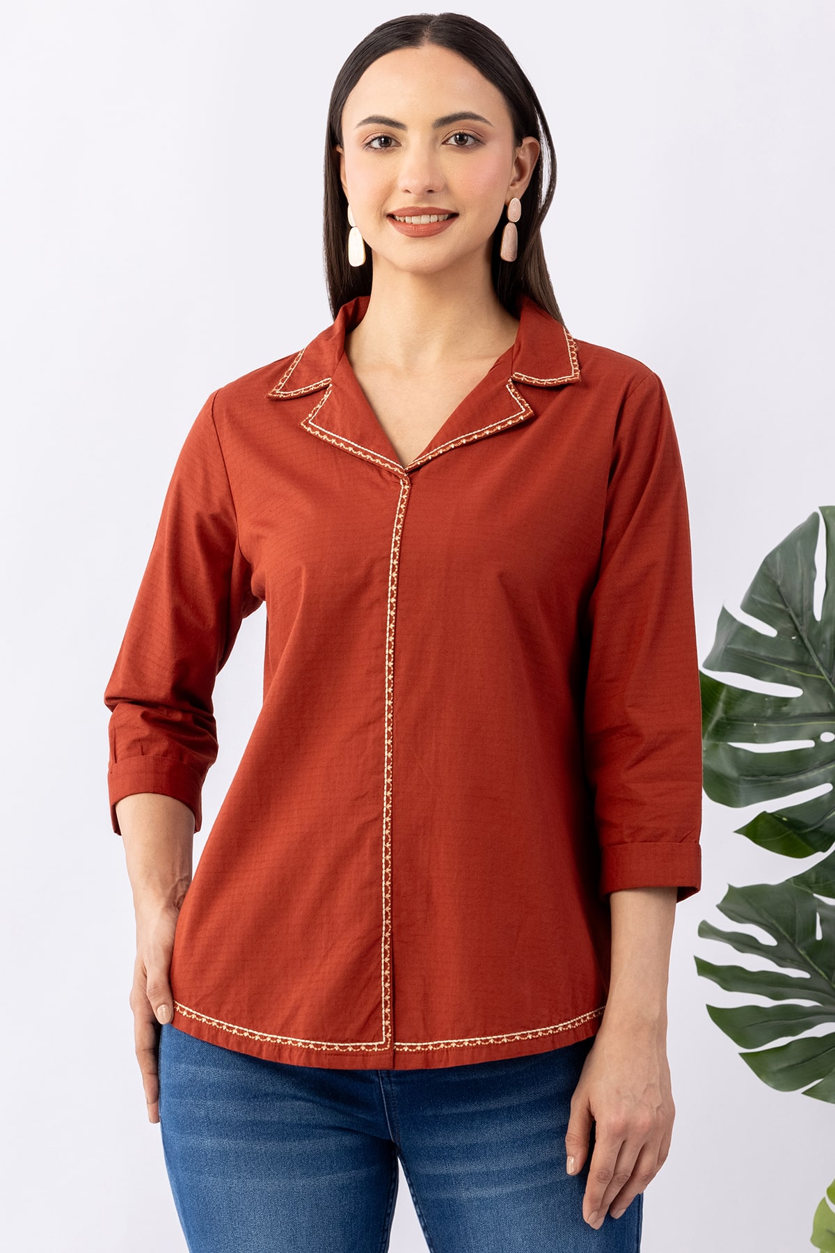 winter shirts for women rust cotton dobby lapel collar regular fit