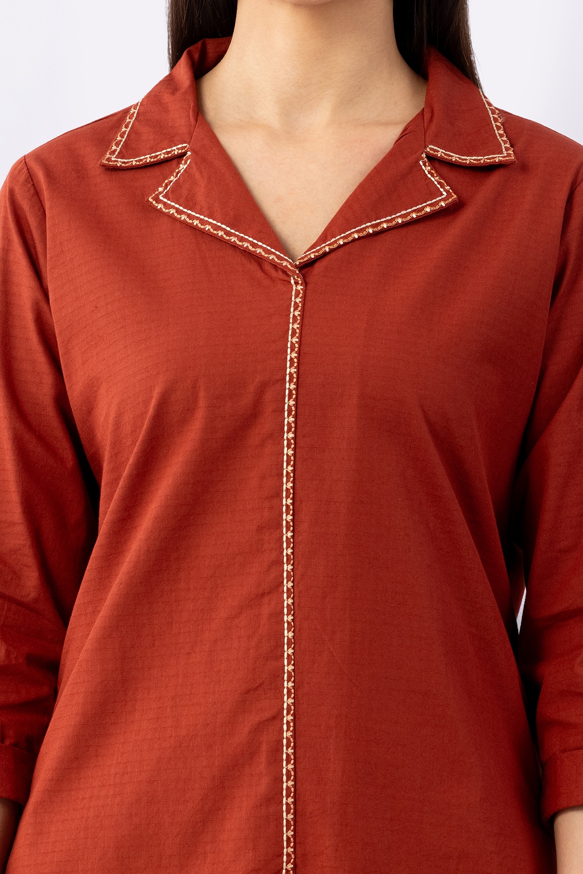winter shirts for women rust cotton dobby lapel collar regular fit