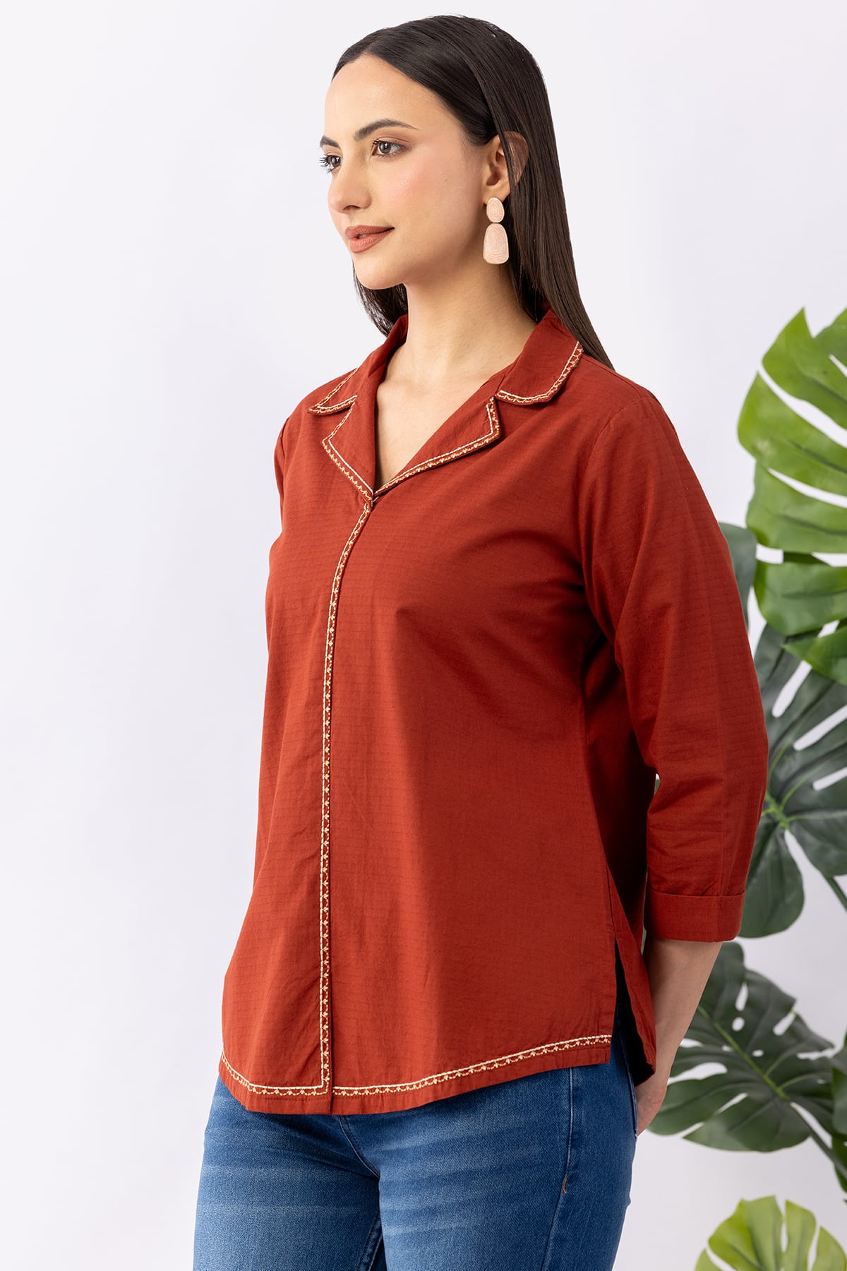 winter shirts for women rust cotton dobby lapel collar regular fit