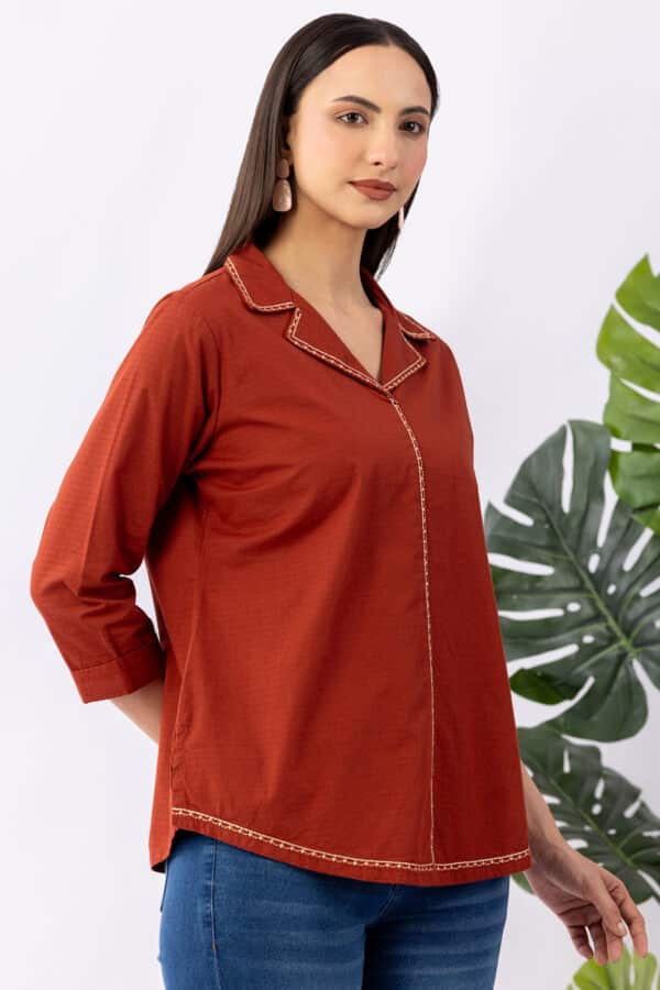 winter shirts for women rust cotton dobby lapel collar regular fit