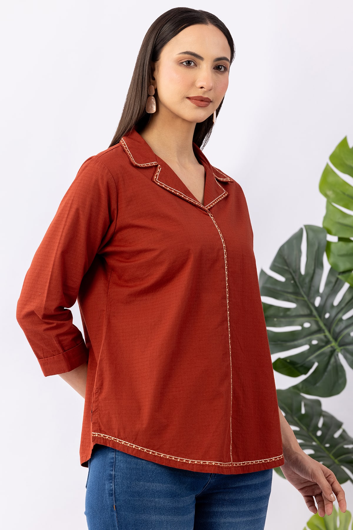winter shirts for women rust cotton dobby lapel collar regular fit