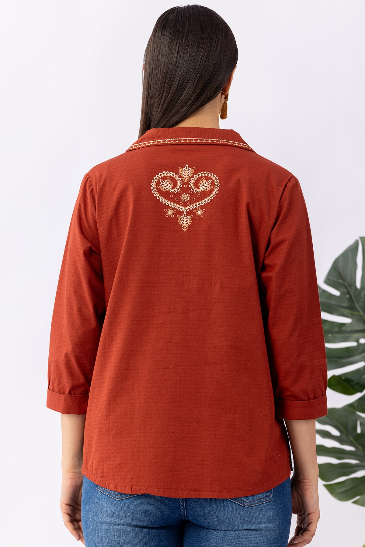winter shirts for women rust cotton dobby lapel collar regular fit