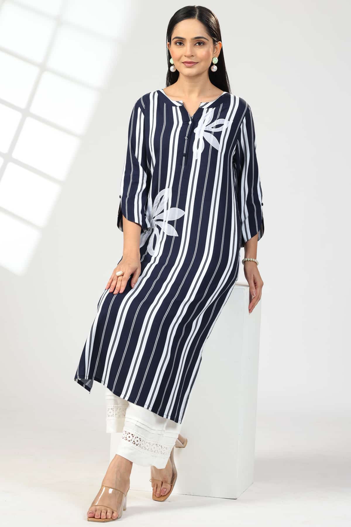 blue kurti for women embroidered rayon flat neck with 3/4 sleeves