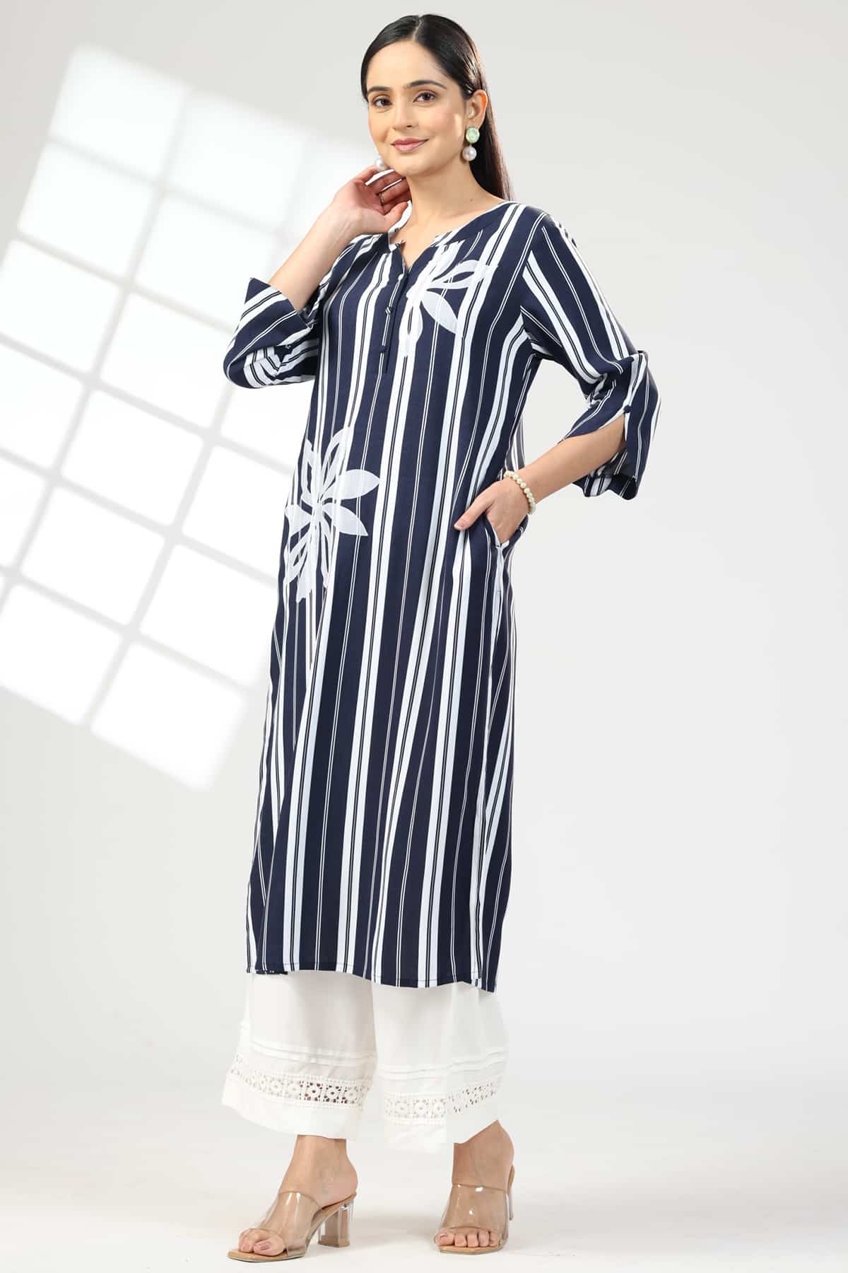 blue kurti for women embroidered rayon flat neck with 3/4 sleeves