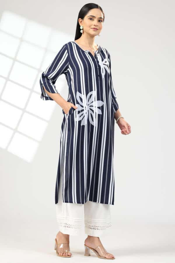 blue kurti for women embroidered rayon flat neck with 3/4 sleeves