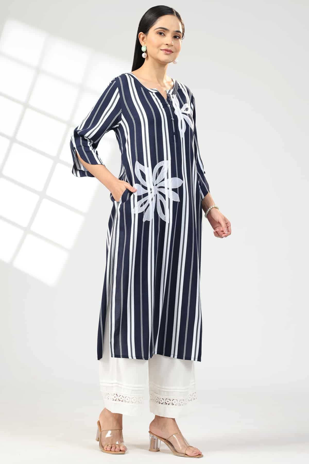 blue kurti for women embroidered rayon flat neck with 3/4 sleeves