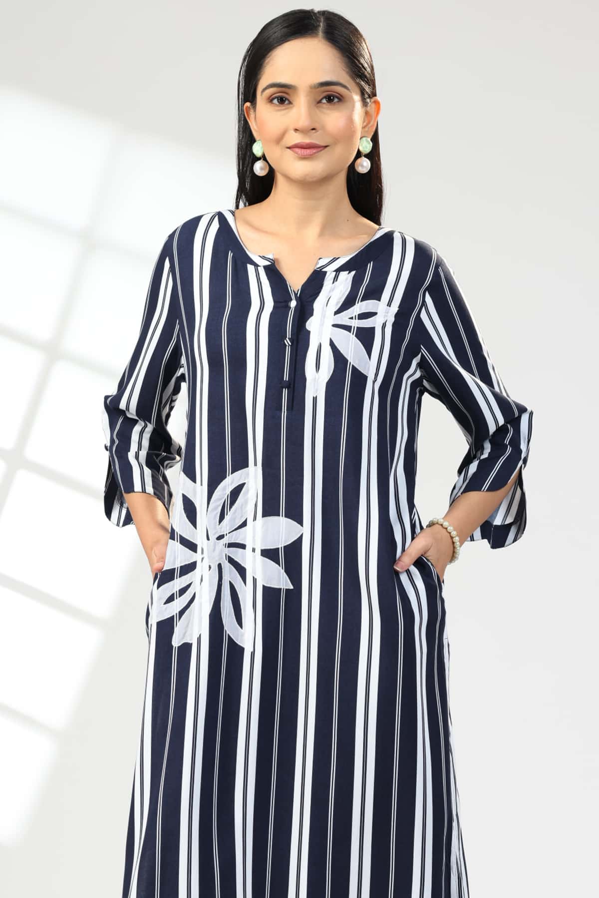 blue kurti for women embroidered rayon flat neck with 3/4 sleeves