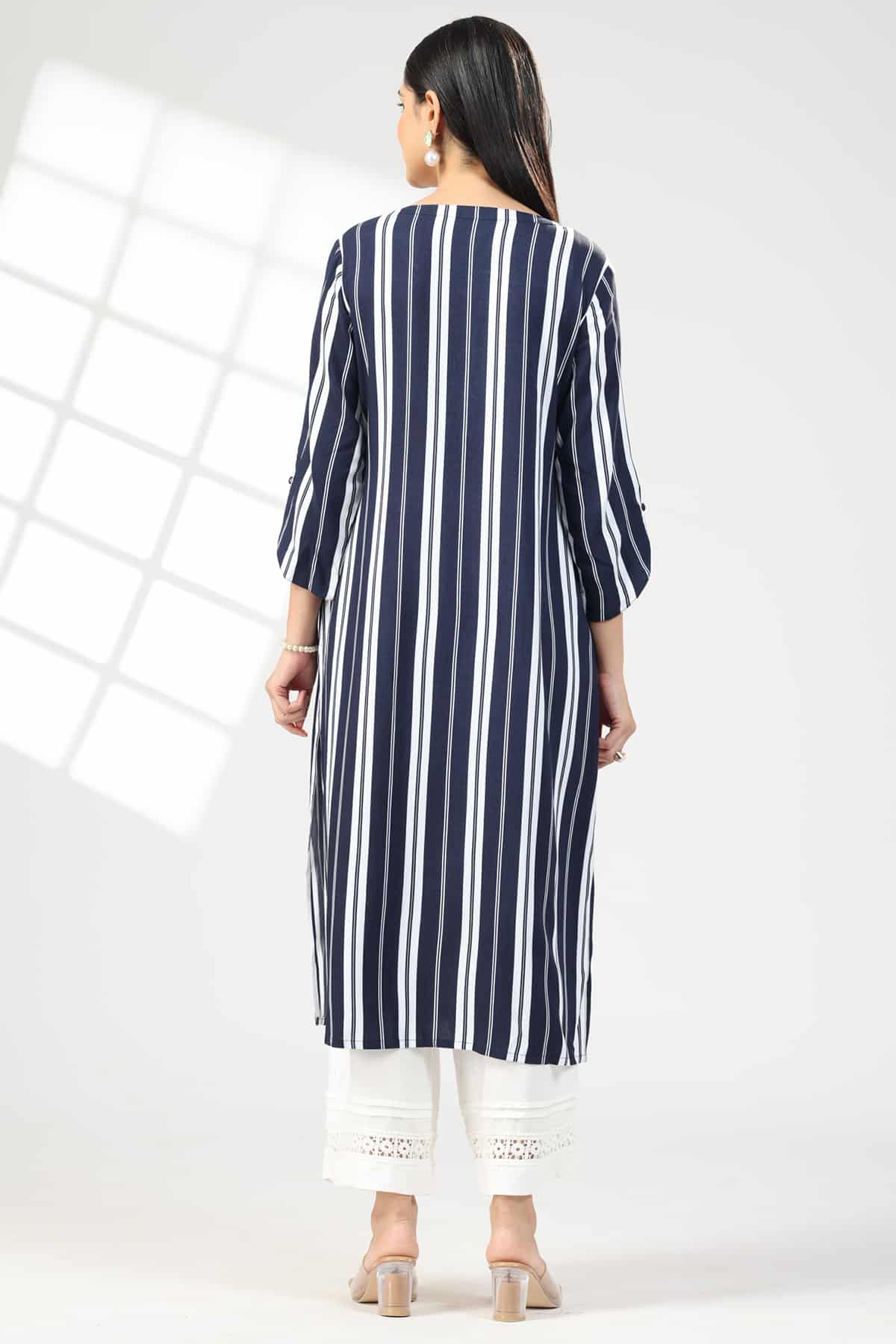blue kurti for women embroidered rayon flat neck with 3/4 sleeves