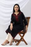 black kurti for women embroidered viscose round neck with 3/4 sleeves