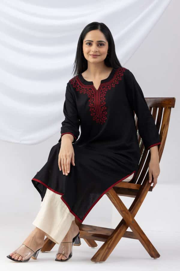 black kurti for women embroidered viscose round neck with 3/4 sleeves