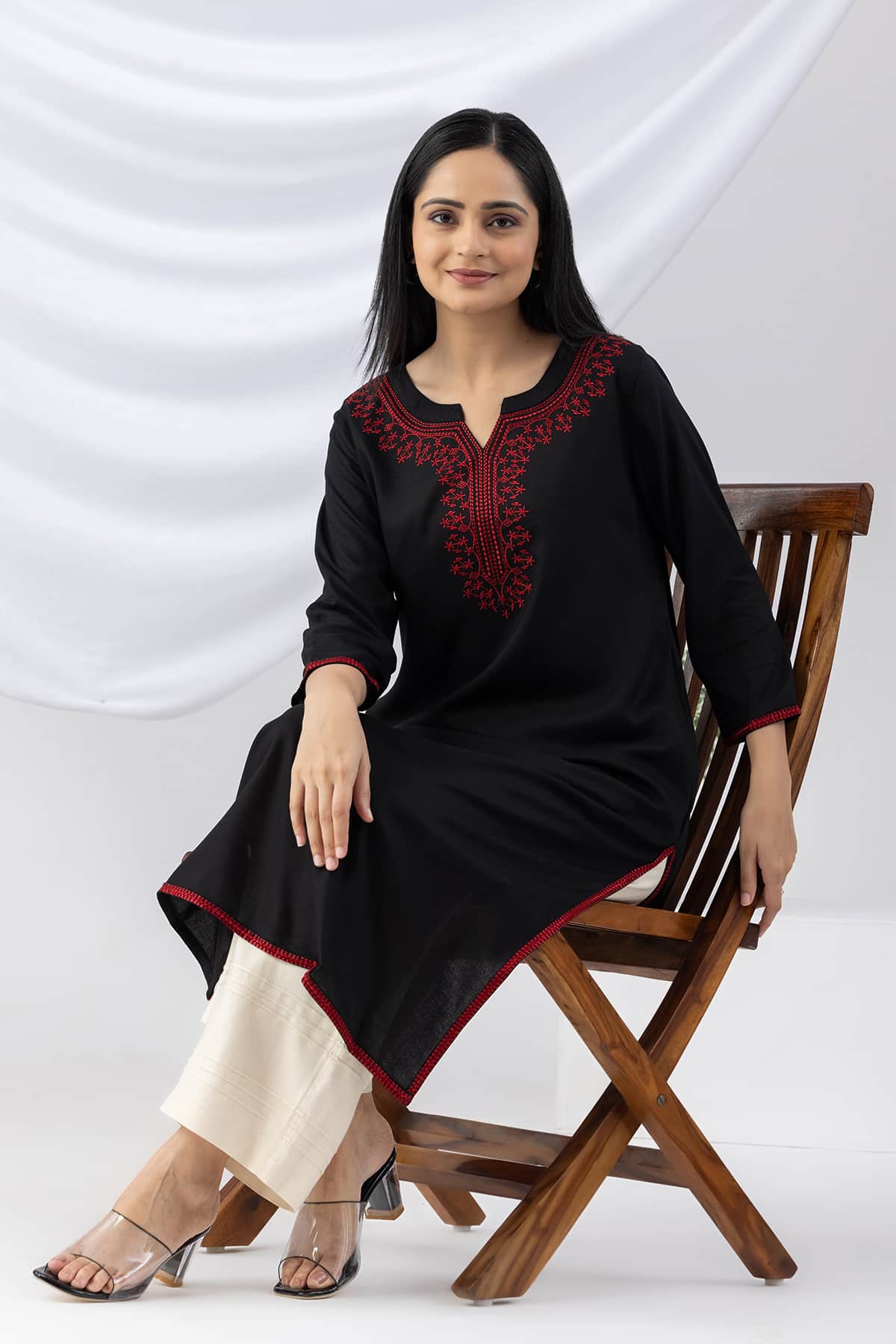 black kurti for women embroidered viscose round neck with 3/4 sleeves