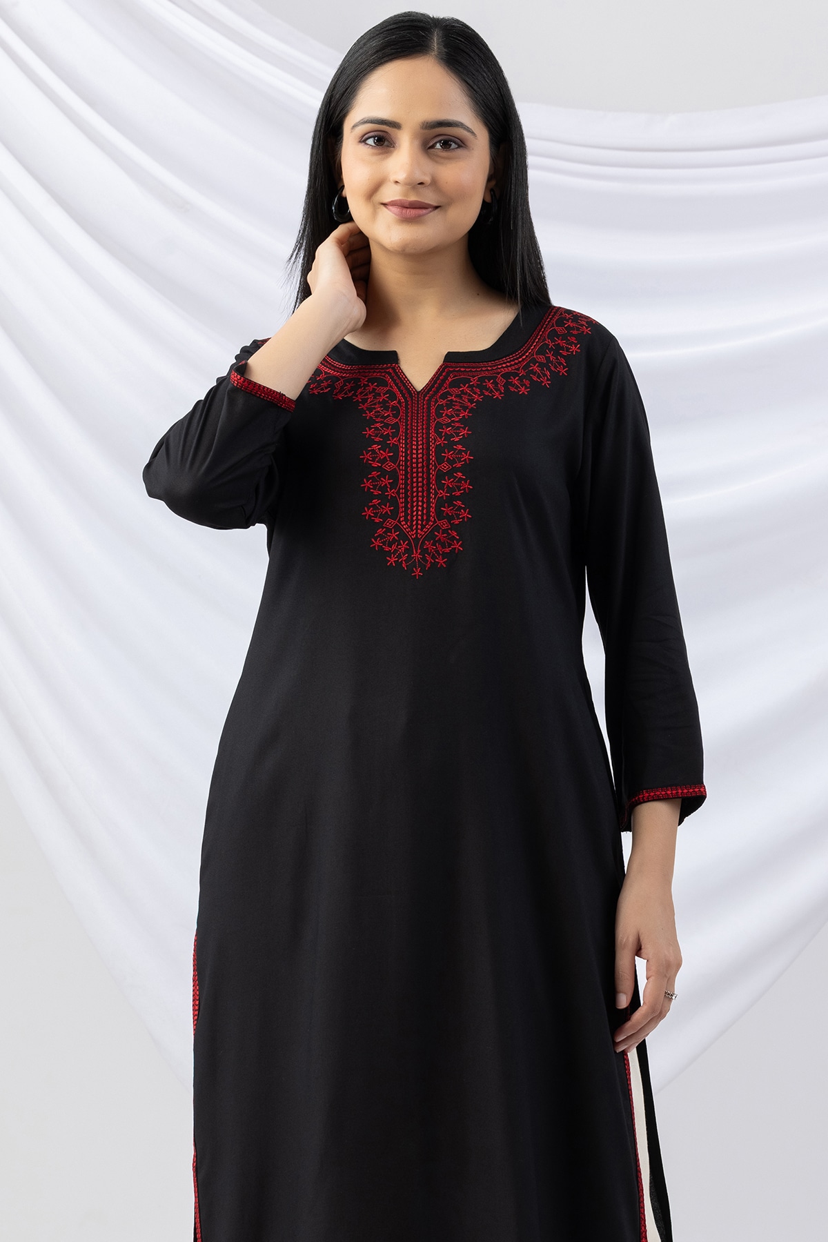 black kurti for women embroidered viscose round neck with 3/4 sleeves