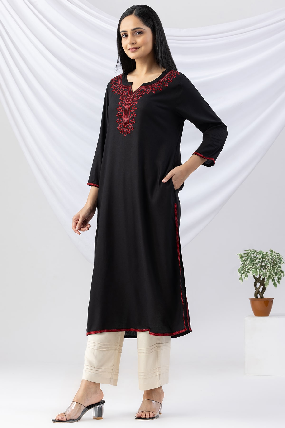 black kurti for women embroidered viscose round neck with 3/4 sleeves