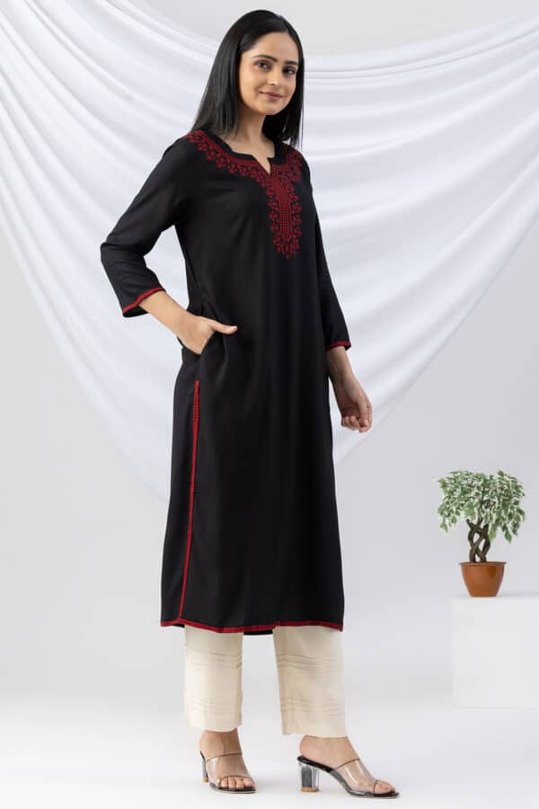 black kurti for women embroidered viscose round neck with 3/4 sleeves