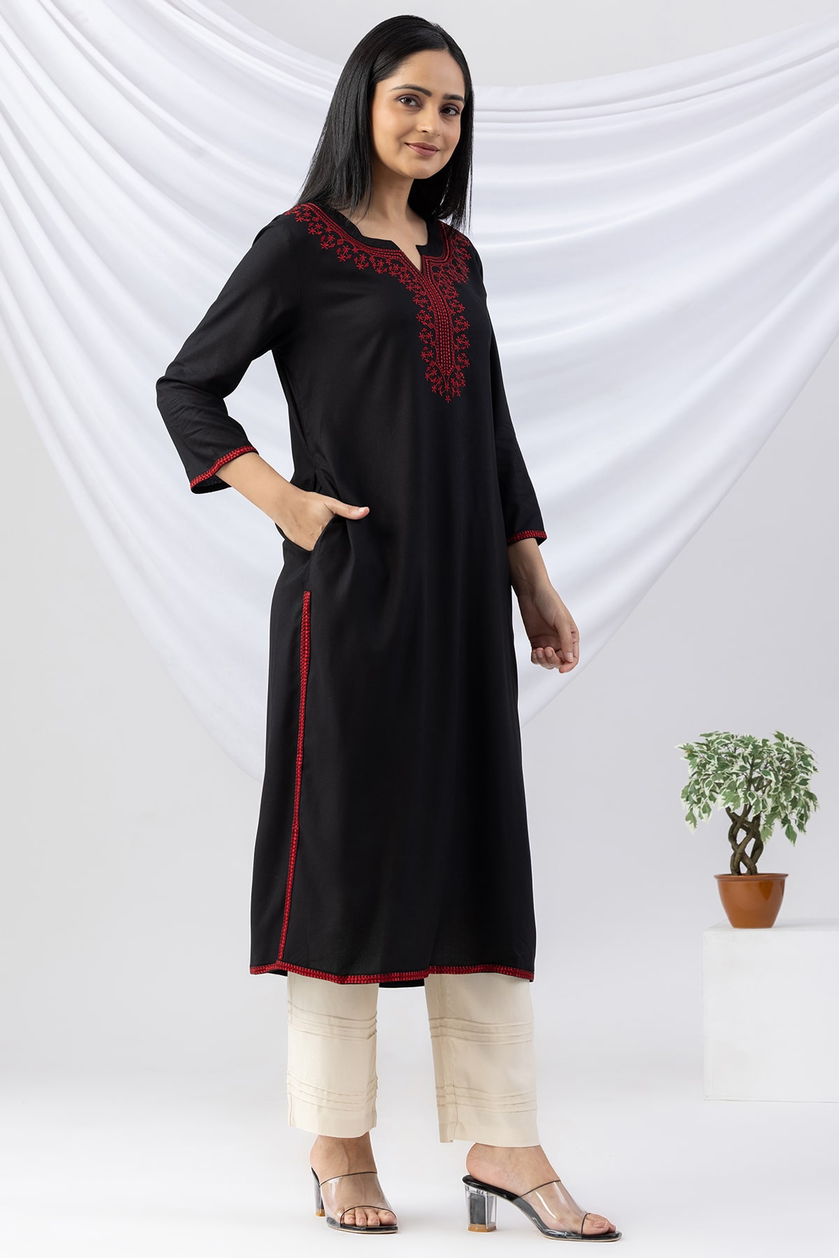 black kurti for women embroidered viscose round neck with 3/4 sleeves
