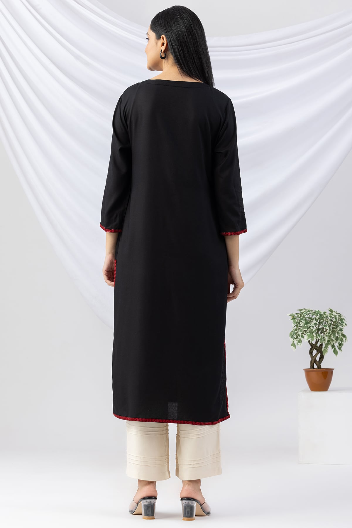 black kurti for women embroidered viscose round neck with 3/4 sleeves