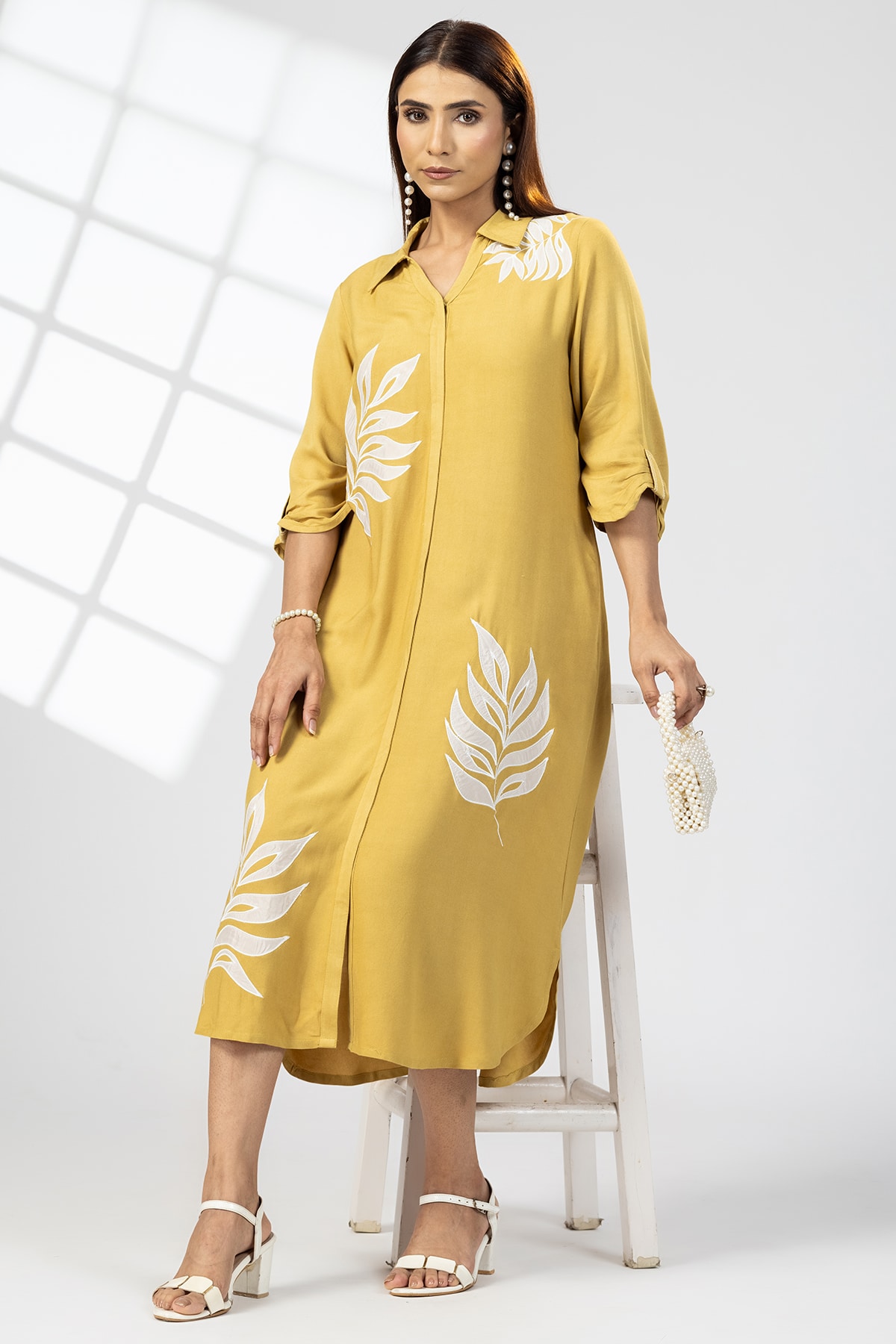 Embroidered Mustard Yellow Dress For Ladies