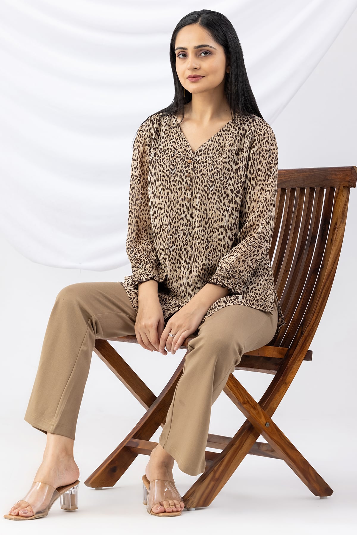 Printed Beige V Neck Top For Ladies