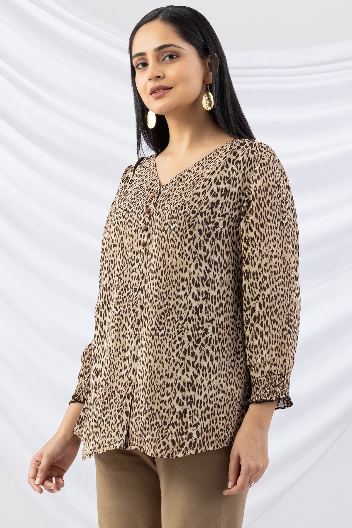 Printed Beige V Neck Top For Ladies