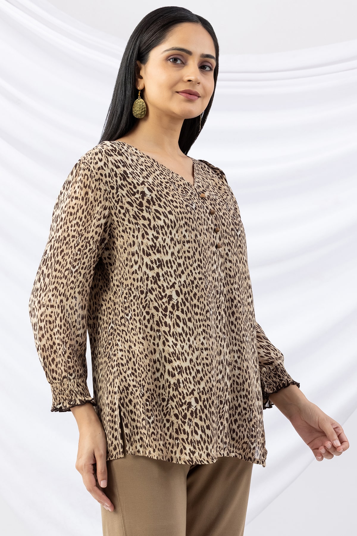 Printed Beige V Neck Top For Ladies