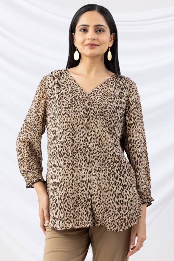 Printed Beige V Neck Top For Ladies