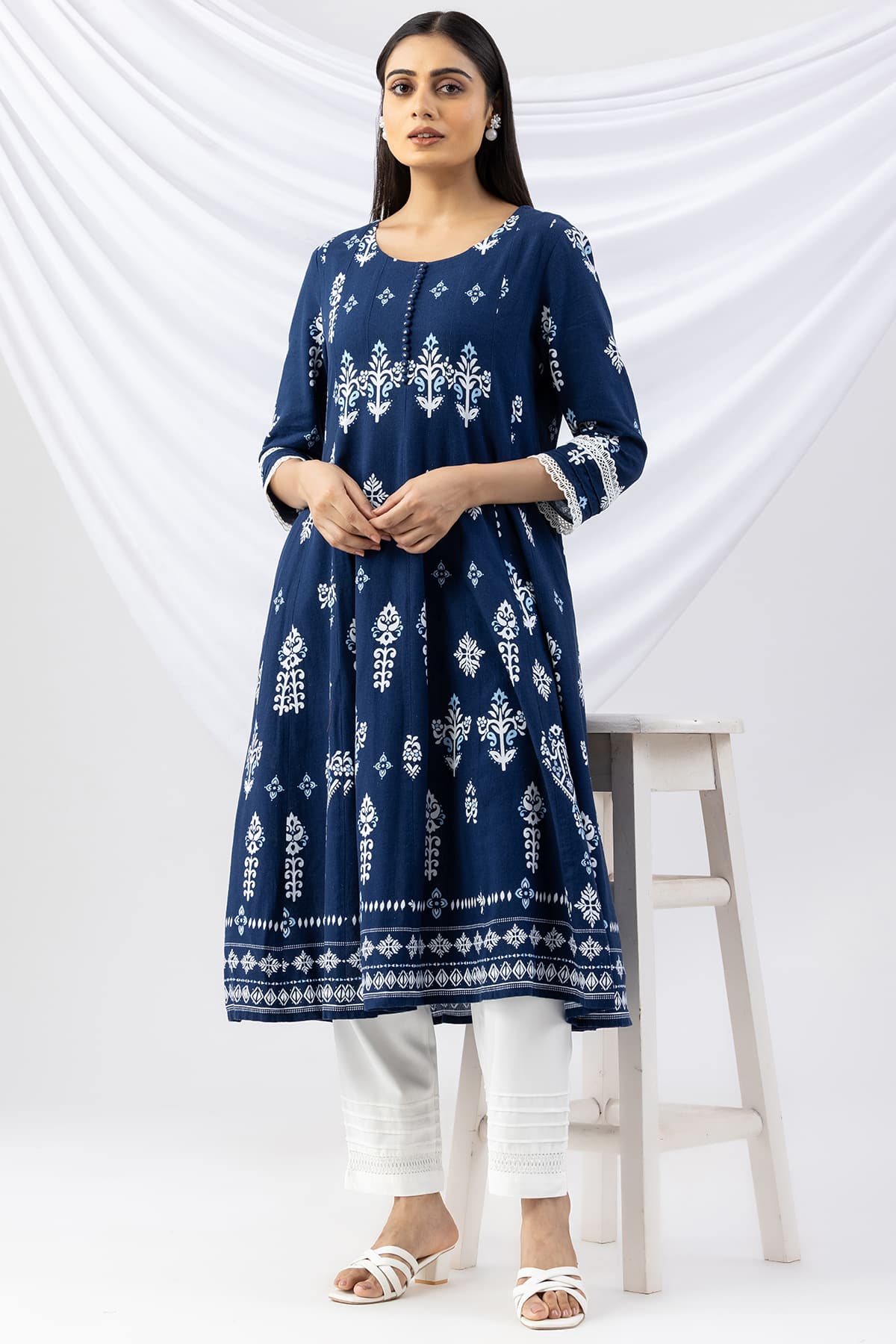 Navy blue printed viscose linen kurti for women with round neck and 3/4 sleeves