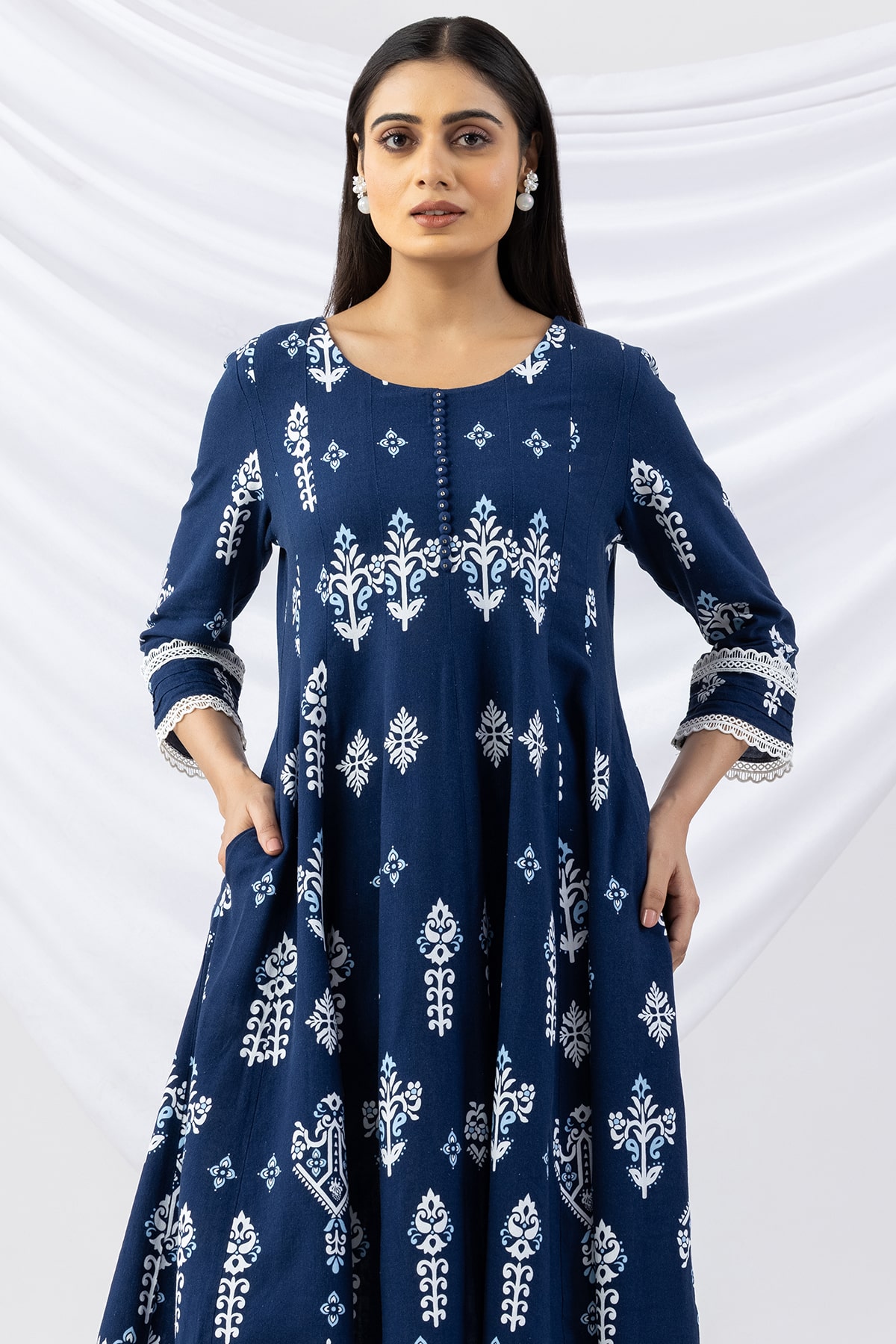 Navy blue printed viscose linen kurti for women with round neck and 3/4 sleeves