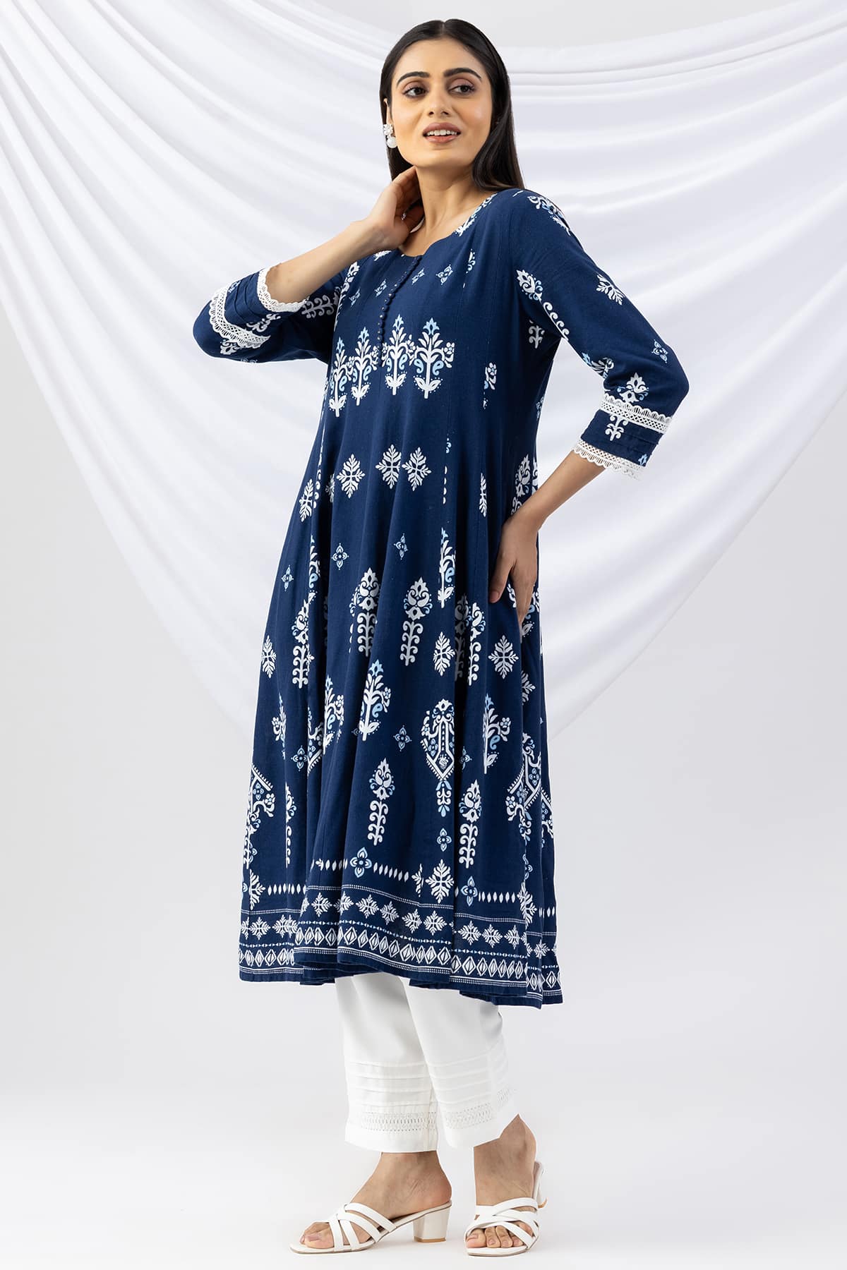 Navy blue printed viscose linen kurti for women with round neck and 3/4 sleeves