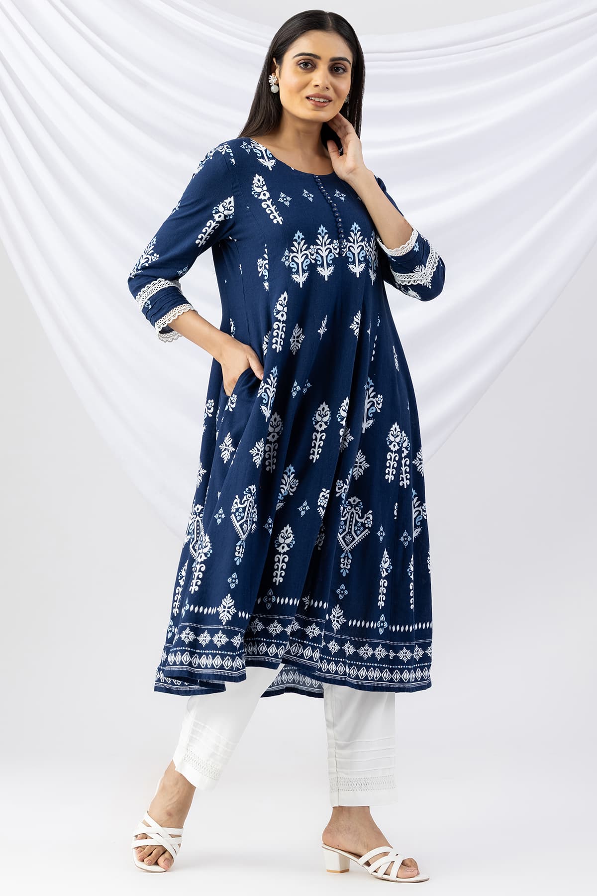 Navy blue printed viscose linen kurti for women with round neck and 3/4 sleeves