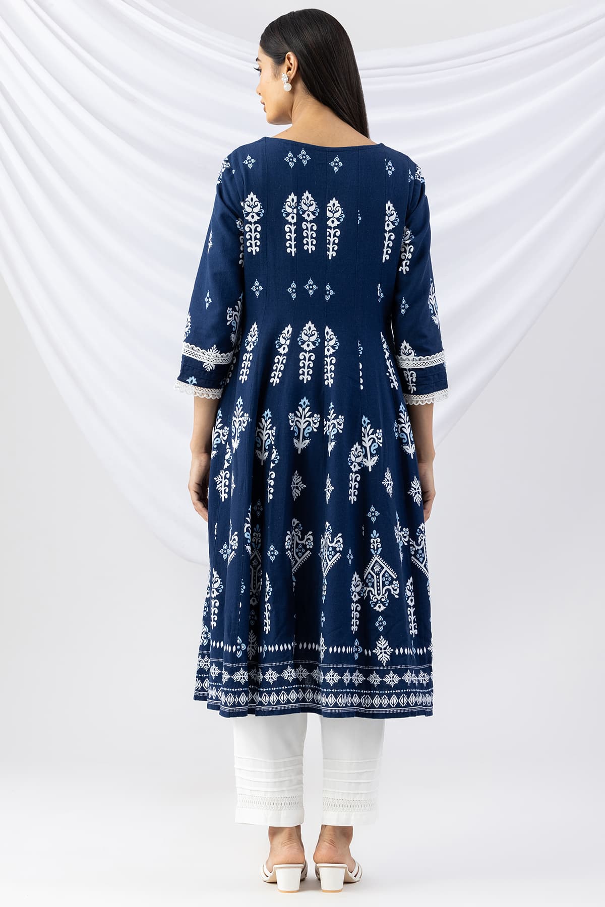 Navy blue printed viscose linen kurti for women with round neck and 3/4 sleeves