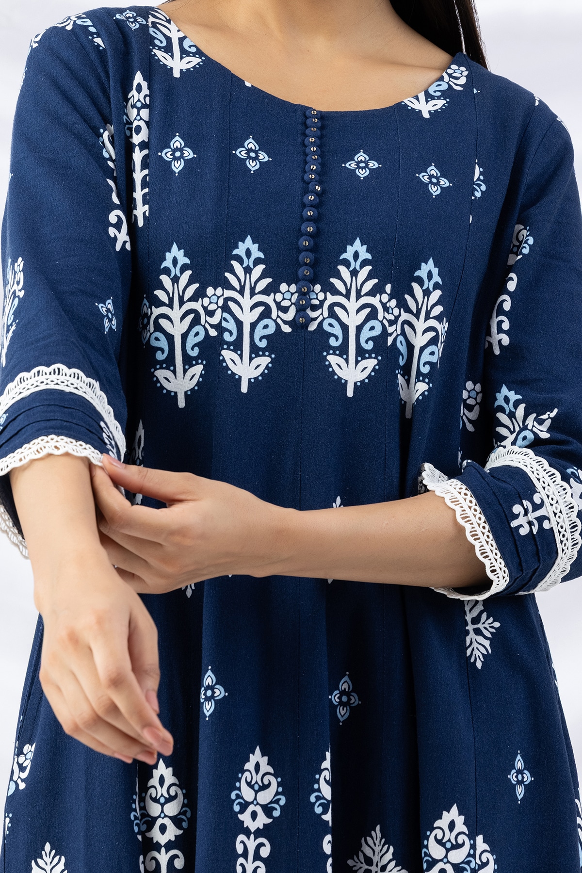 Navy blue printed viscose linen kurti for women with round neck and 3/4 sleeves