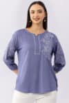 Embroidered blue viscose modal top for women with round neck and 3/4 sleeves