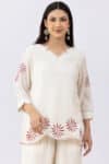 Embroidered off white viscose co-ord top for ladies with V neck and 3/4 sleeves