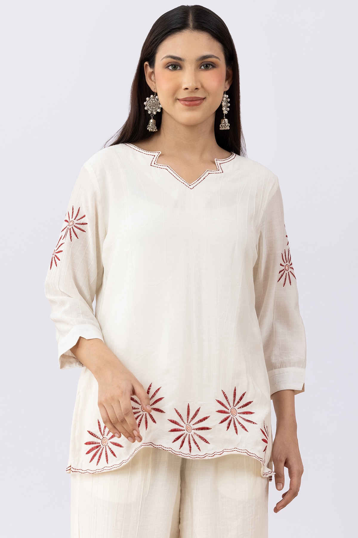 Embroidered off white viscose co-ord top for ladies with V neck and 3/4 sleeves