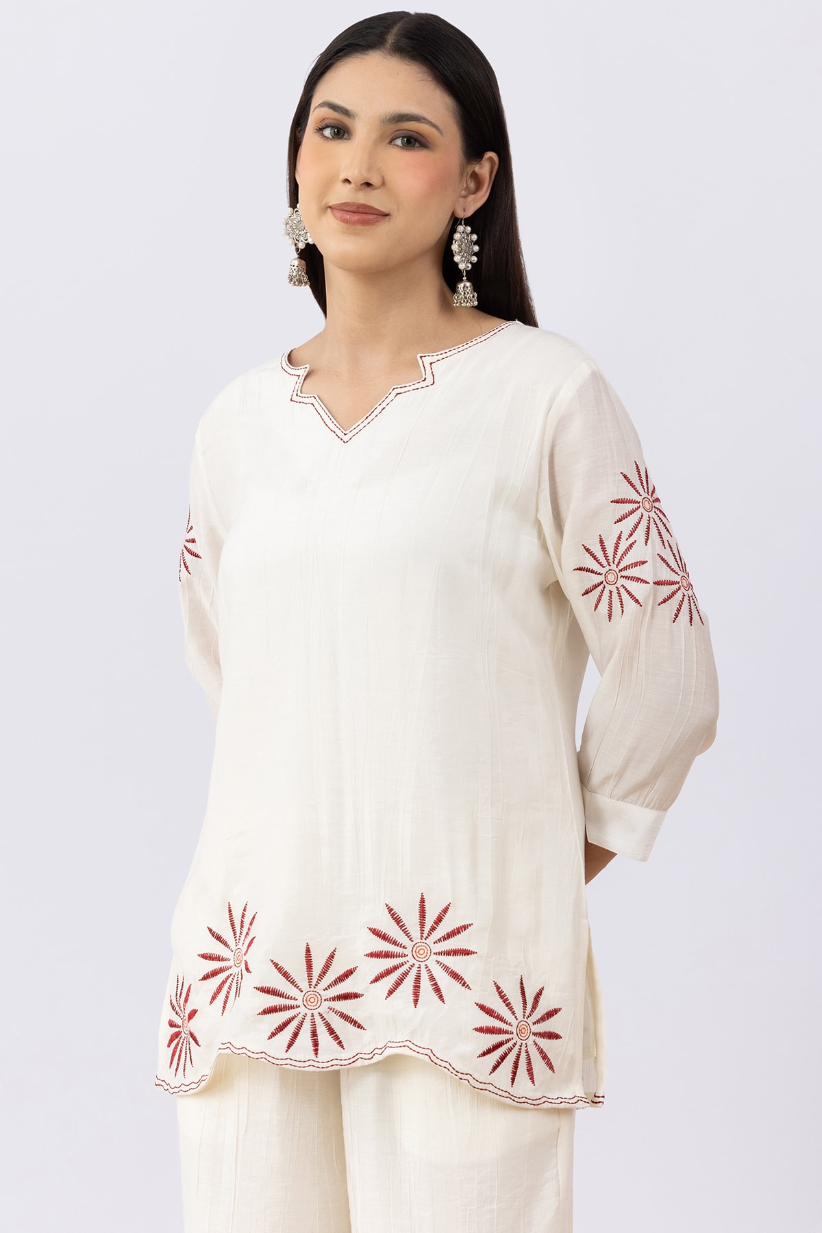 Embroidered off white viscose co-ord top for ladies with V neck and 3/4 sleeves