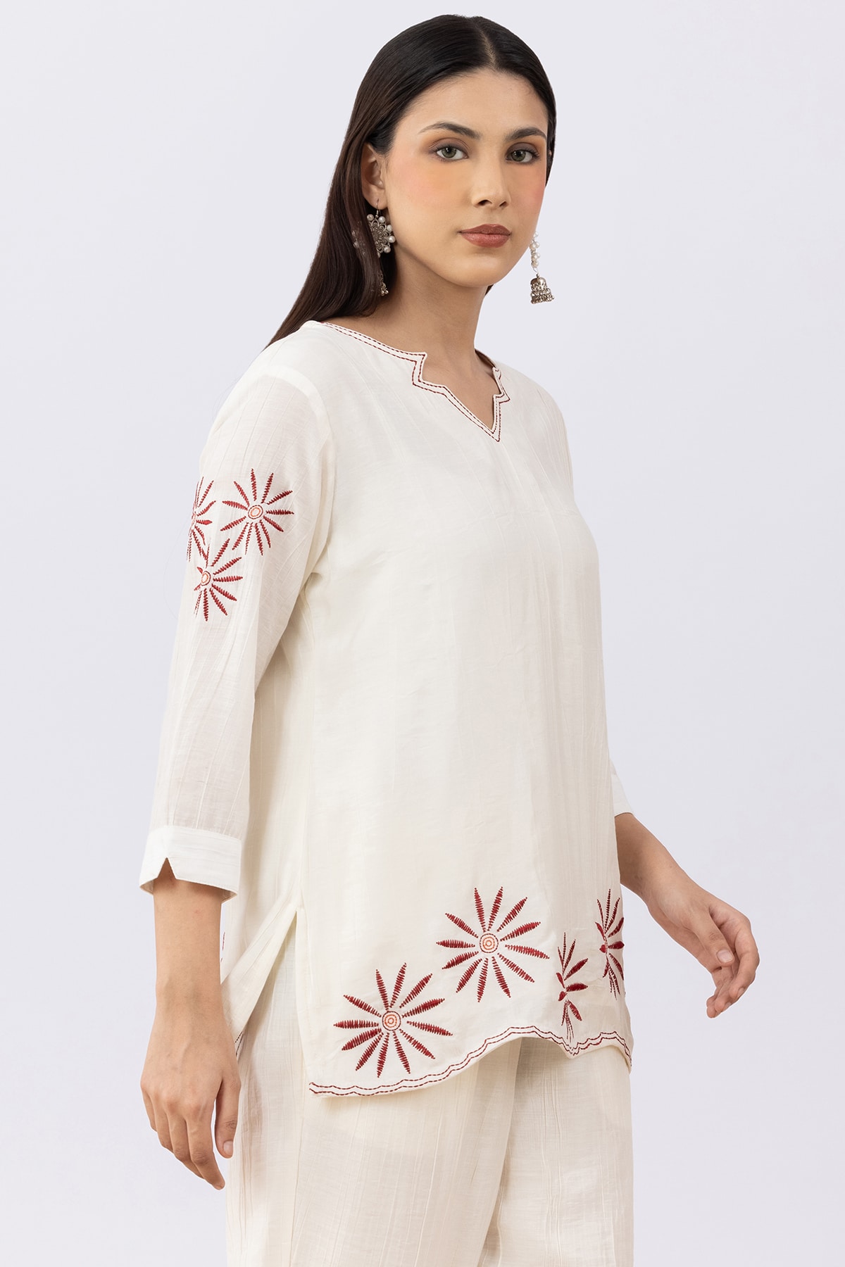 Embroidered off white viscose co-ord top for ladies with V neck and 3/4 sleeves