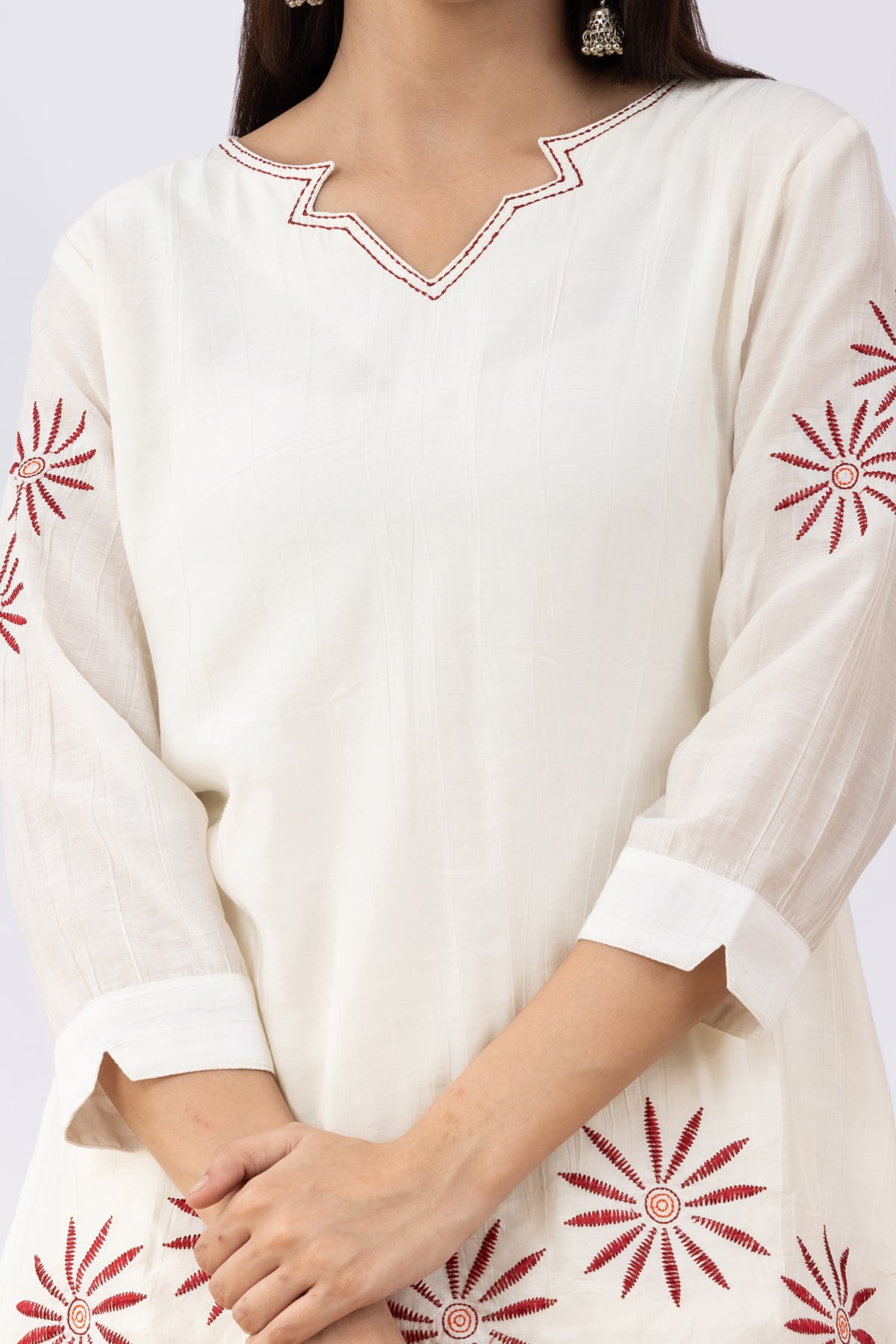 Embroidered off white viscose co-ord top for ladies with V neck and 3/4 sleeves
