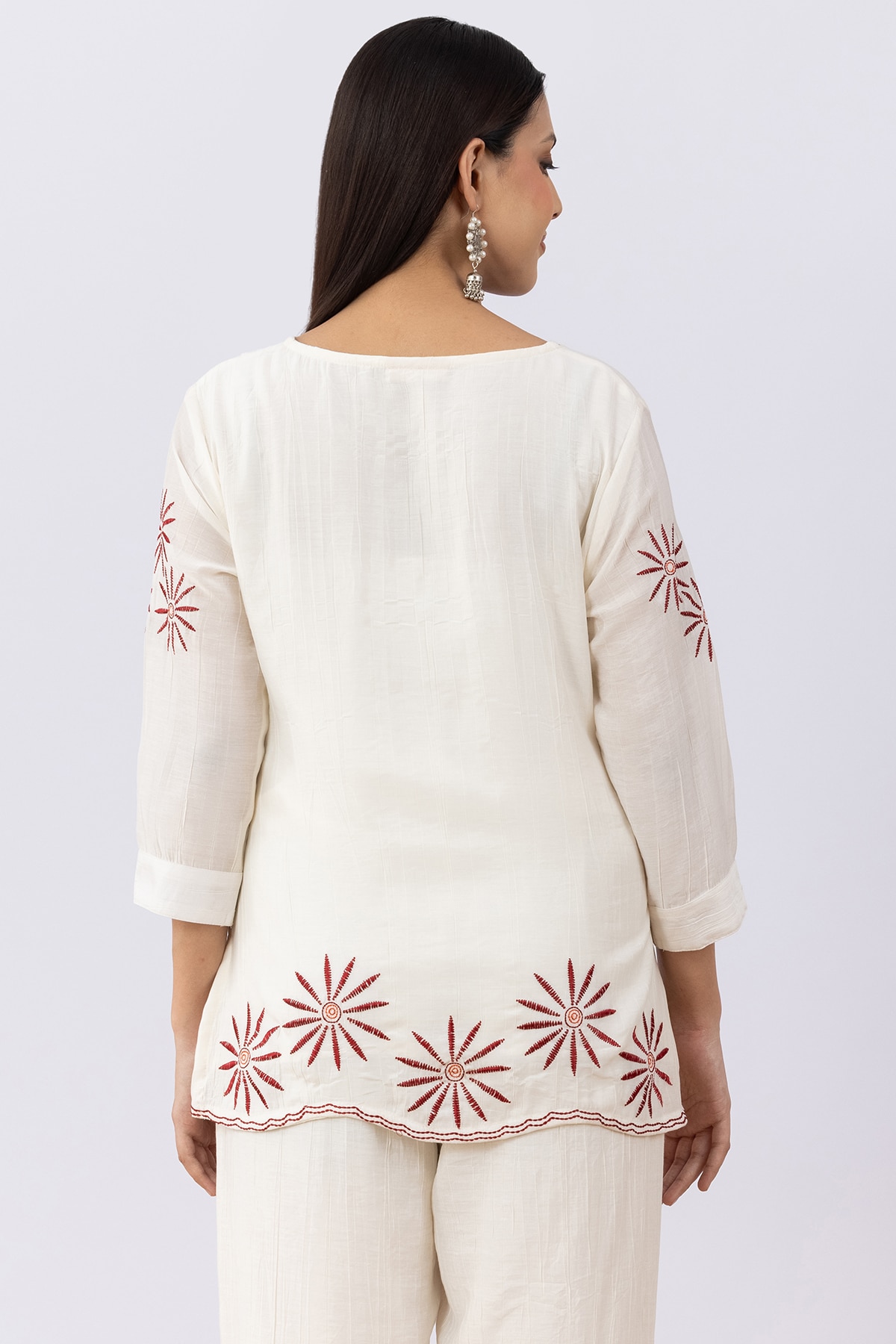 Embroidered off white viscose co-ord top for ladies with V neck and 3/4 sleeves
