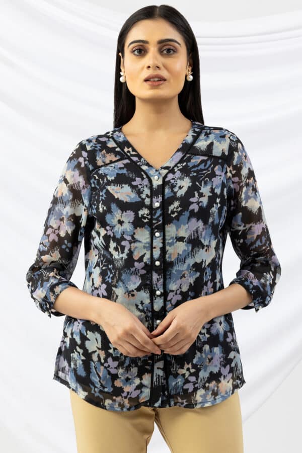 Printed lavender chiffon shirt for women with V neck and 3/4 sleeves