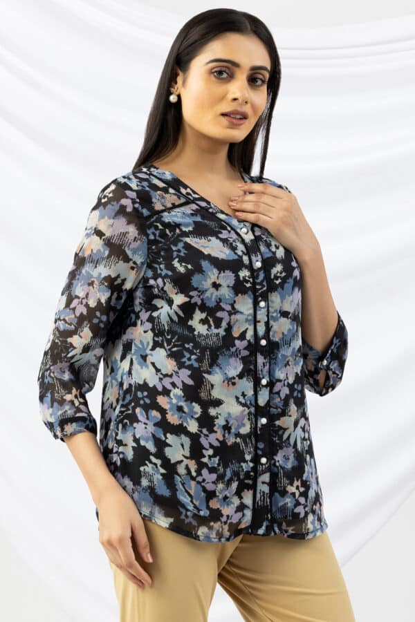 Printed lavender chiffon shirt for women with V neck and 3/4 sleeves