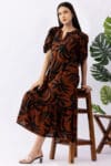 Printed brown viscose modal dress for women with mandarin collar and half sleeves