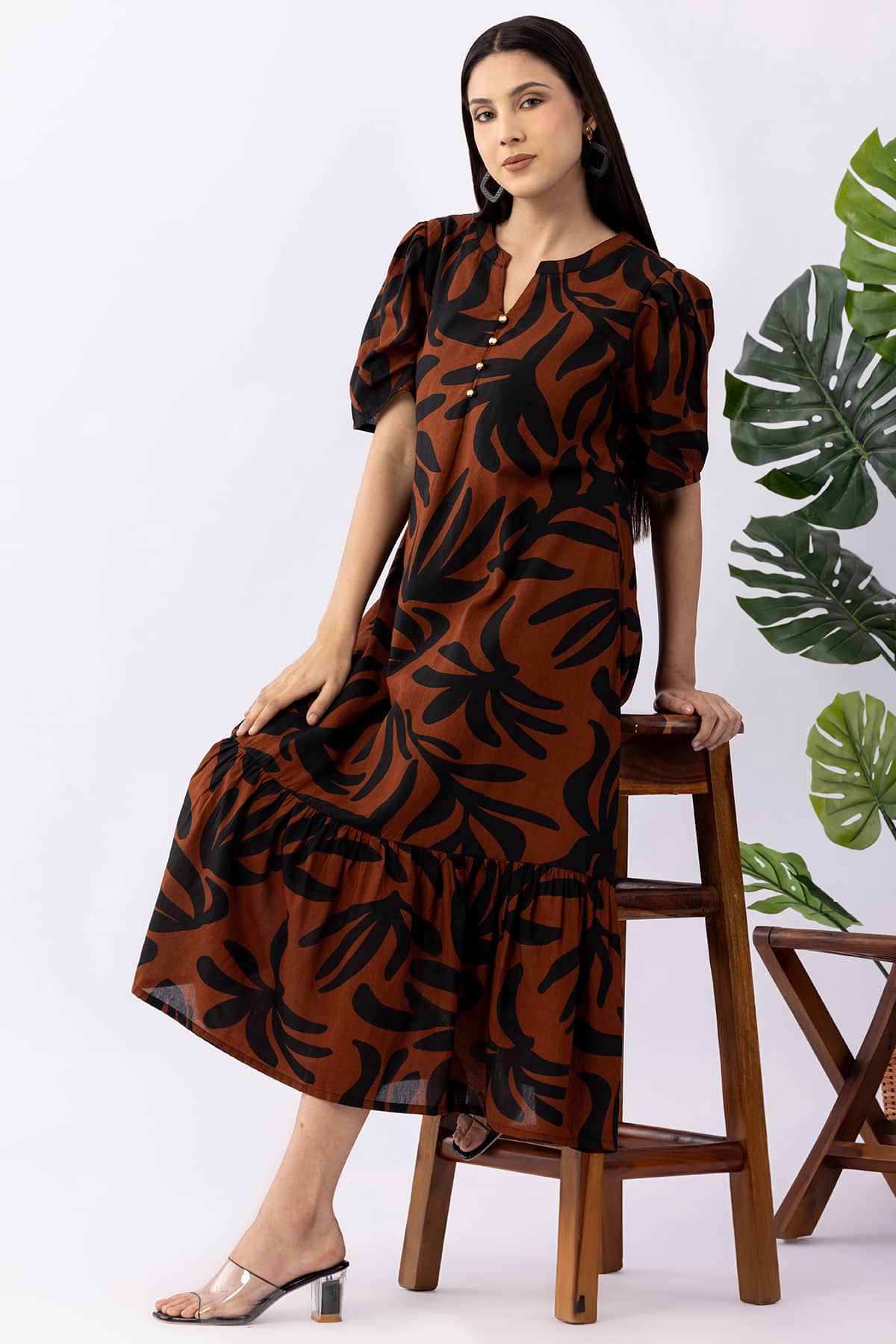 Printed brown viscose modal dress for women with mandarin collar and half sleeves